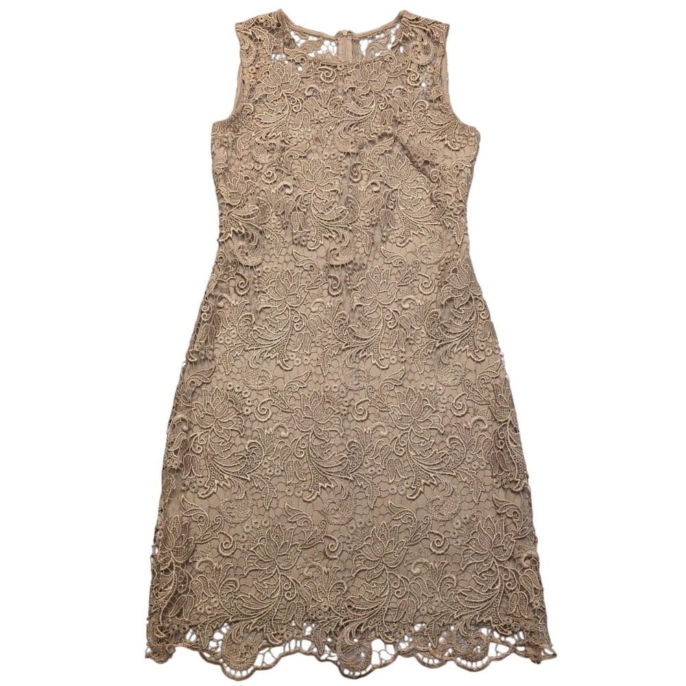 Calvin Klein‎ Floral Lace Sheath Dress Womens 2 Taupe Tan Sleeveless Scallop